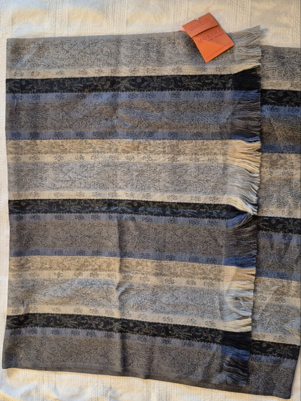 Moksha fine wovens 100% pure new wool, dry clean only blues tan gray striped NWT